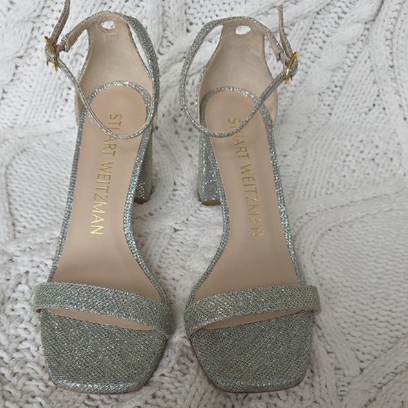 New Stuart Weitzman‎ Silver Block Heeled Leather Sandals Ankle Strap 7B - Picture 1 of 6